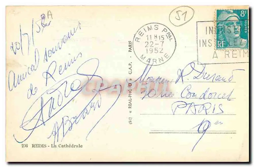 Reims - A Catedral — editor C.A.P. n°296 - Verso