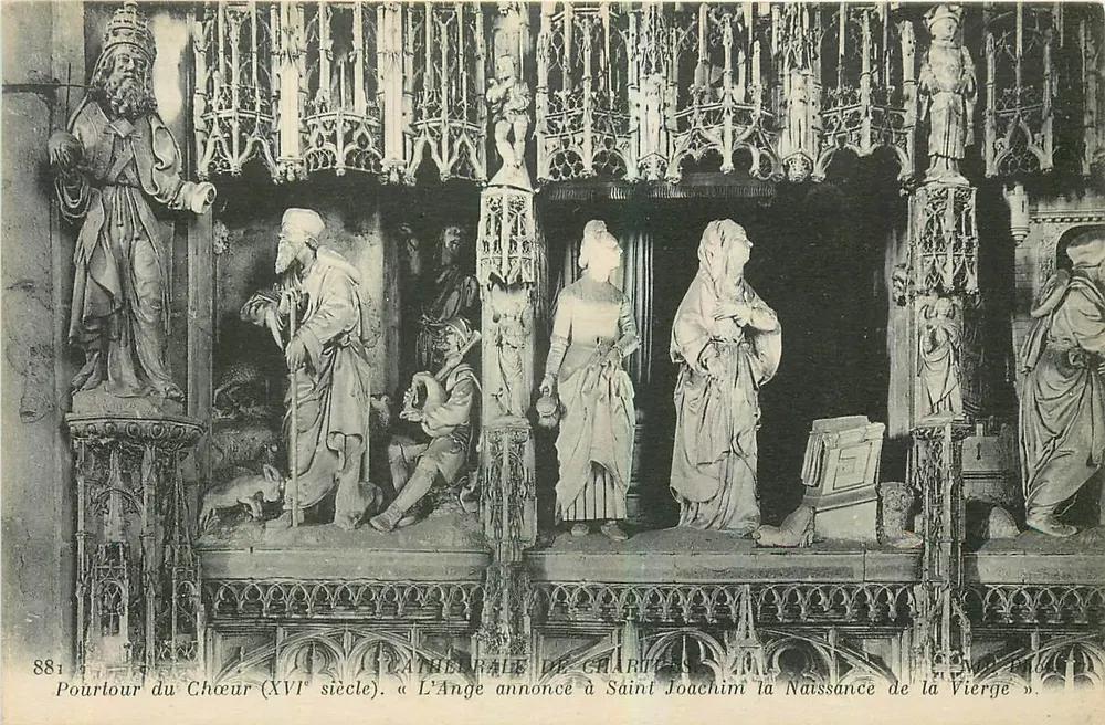 Catedral de Chartres — Viga do Coro (século XVI). « O Anjo anuncia à Santa Joaquim o Nascimento da Virgem » - Frente
