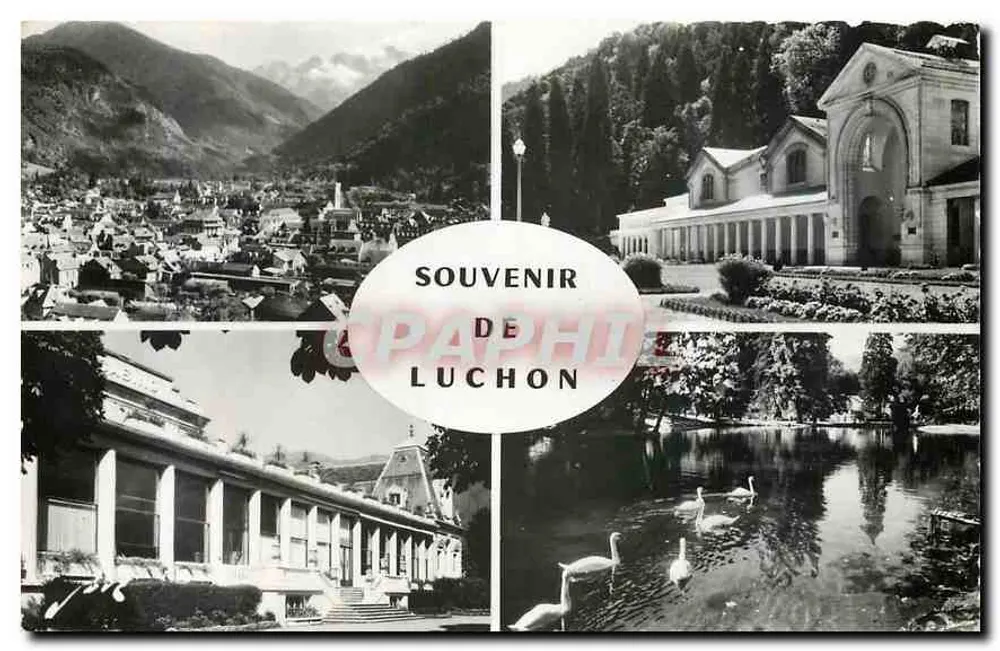 Luchon — vista panorâmica, igreja, edifício e cisnes — Souvenir de Luchon, editor Graphiphile, n°481 - Frente