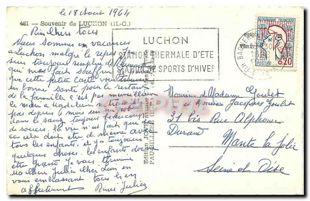 Luchon — vista panorâmica, igreja, edifício e cisnes — Souvenir de Luchon, editor Graphiphile, n°481 - Verso