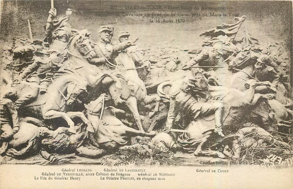 Combate de Cavalaria no fundo da Cuve, perto de Mars-la-Tour — Alto Relievo do Monumento — editor Houchot-Berlin, Mars-la-Tour, n° 207 - Frente