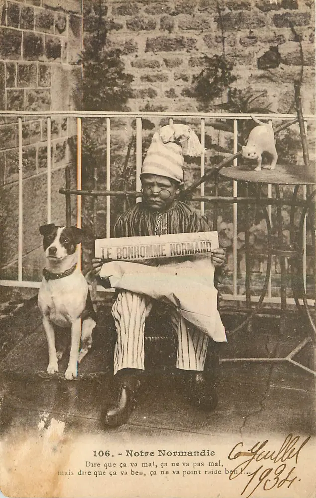 Unsere Normandie — humorvoller Motiv mit Mann, Hund und Katze — Verleger H. Leclerc, Nr. 106 - Vorderseite