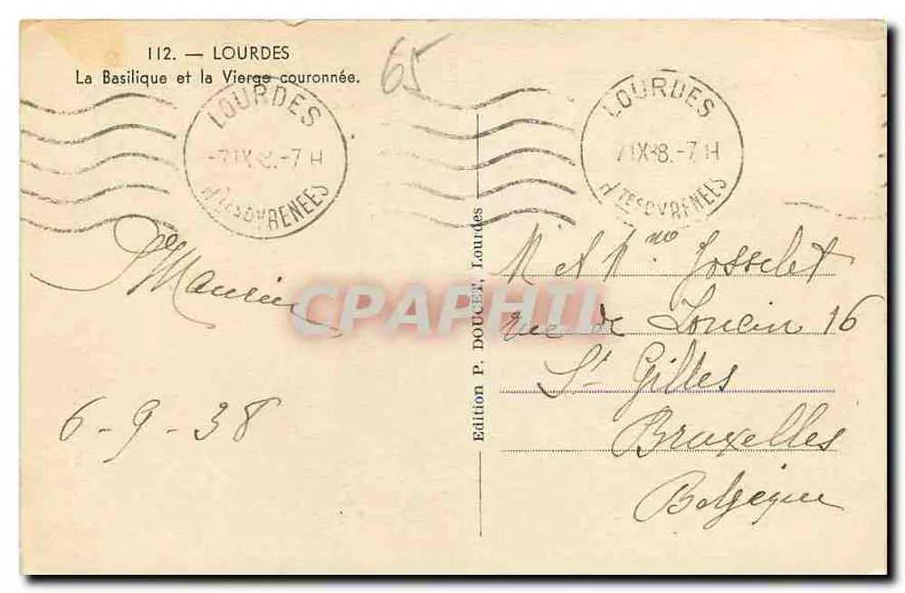 Lourdes — La Basilique et la Vierge couronnée — Edition P. Doucet, Lourdes - Verso