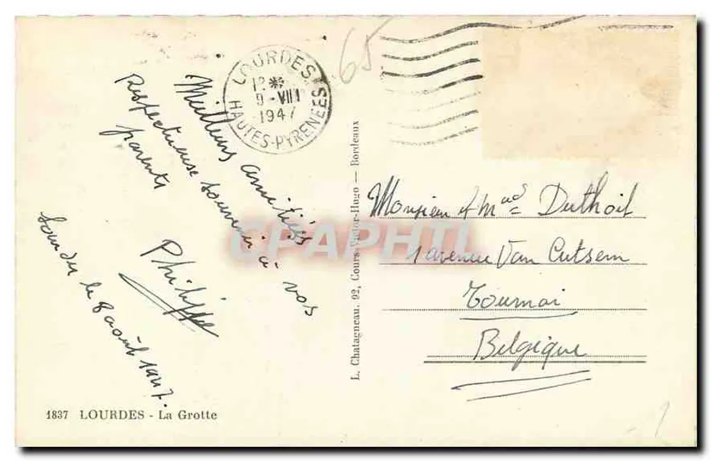 Lourdes — A Grotta — Editor Elcé, n° 1837 - Verso