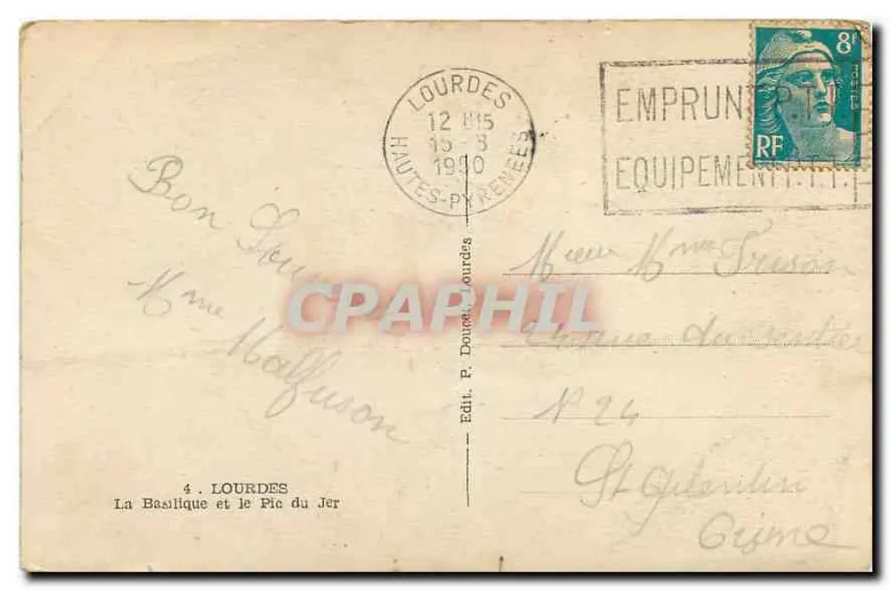 Lourdes — A Basílica e o Pic du Jer — Ed. P. Douard, Lourdes - Verso