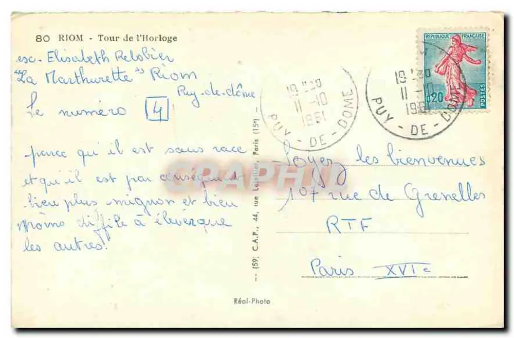 Riom - Clock Tower — Réal-Photo, n°80 - Back