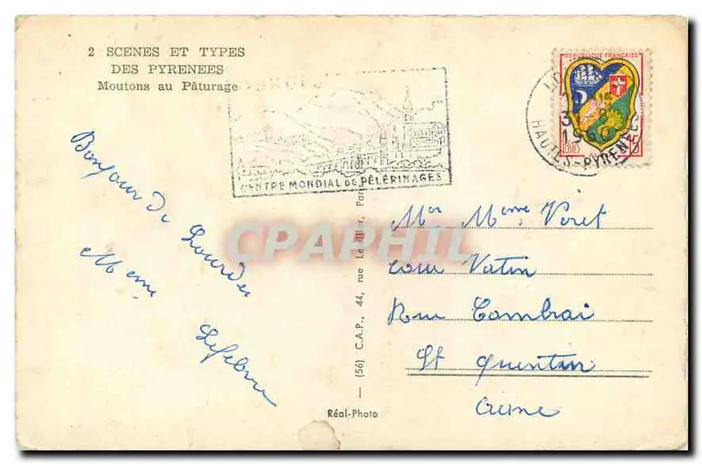 Moutons au Pâturage — scène pastorale avec berger et moutons devant un bâtiment — éditeur Réal-Photo, n° 2 - Verso