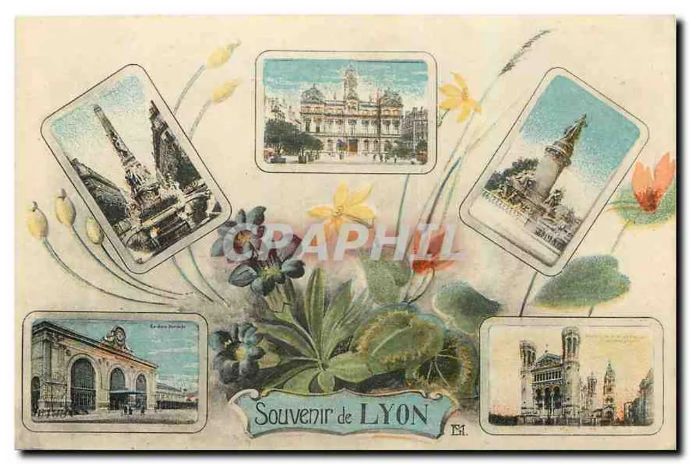Souvenir de LYON — vista da Place Bellecour, do Palácio de Justiça, da Torre da Bolsa, da estação e da catedral — editor M. L. (série não visível) - Frente
