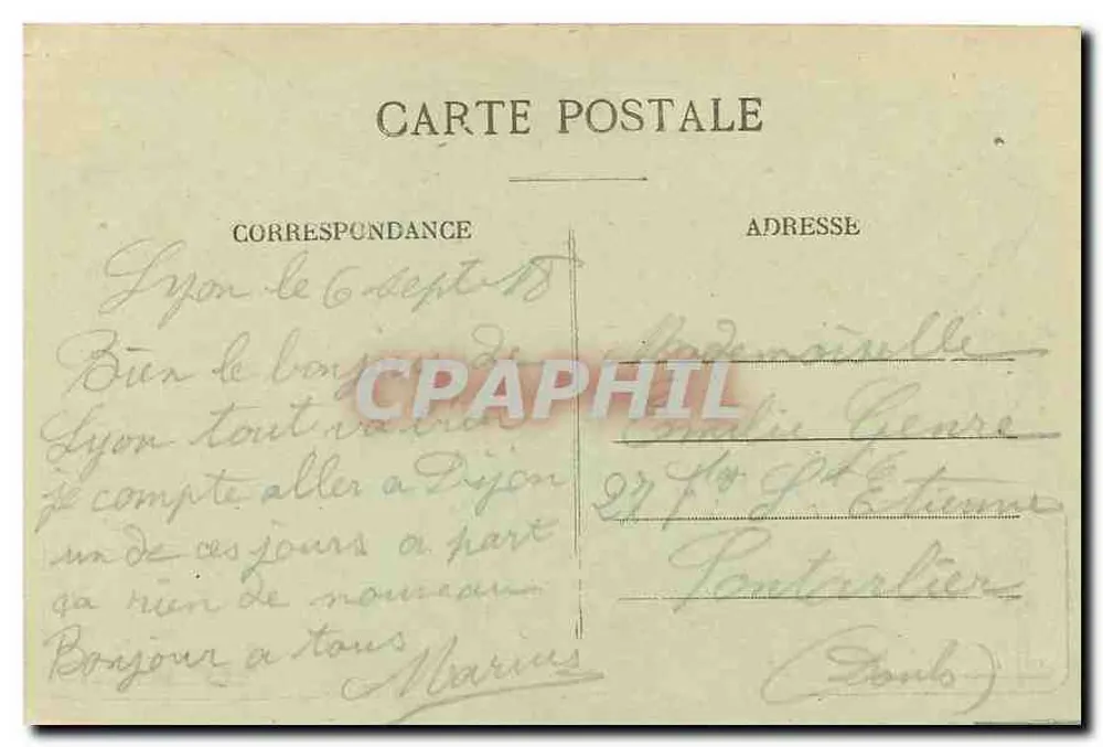 Souvenir de LYON — vista da Place Bellecour, do Palácio de Justiça, da Torre da Bolsa, da estação e da catedral — editor M. L. (série não visível) - Verso
