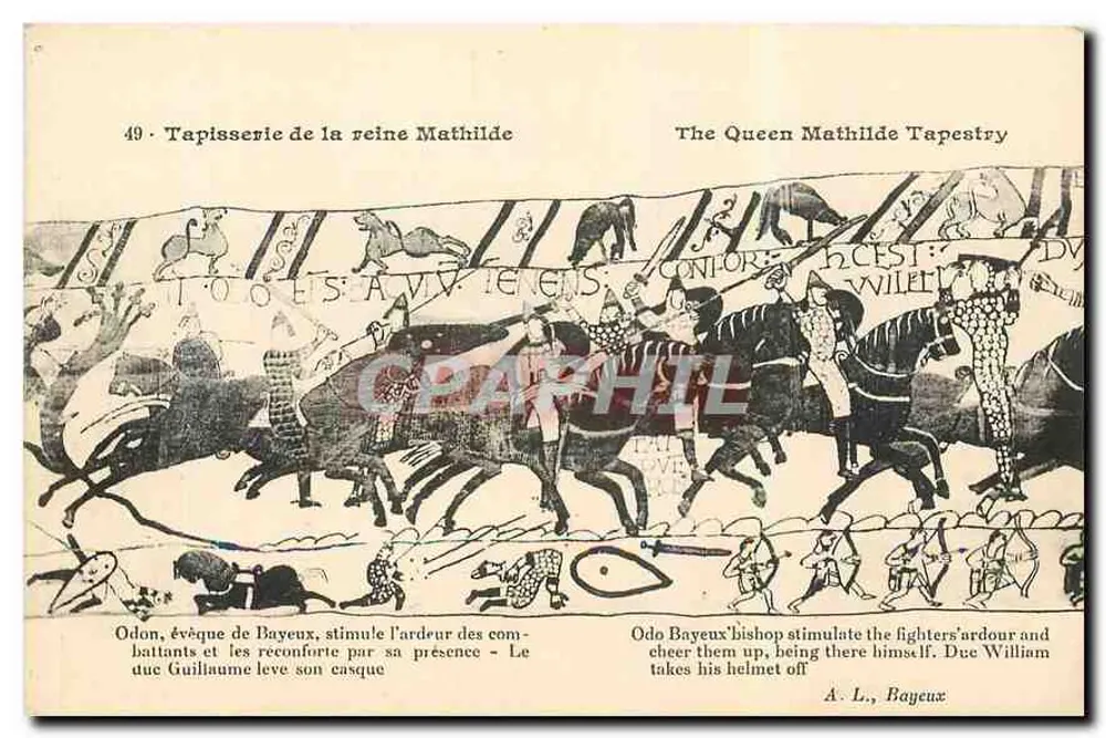 Tapisserie der Königin Mathilde — Szene mit Odón, Bischof von Bayeux, der die Kämpfer anfeuert — A. L., Bayeux - Vorderseite