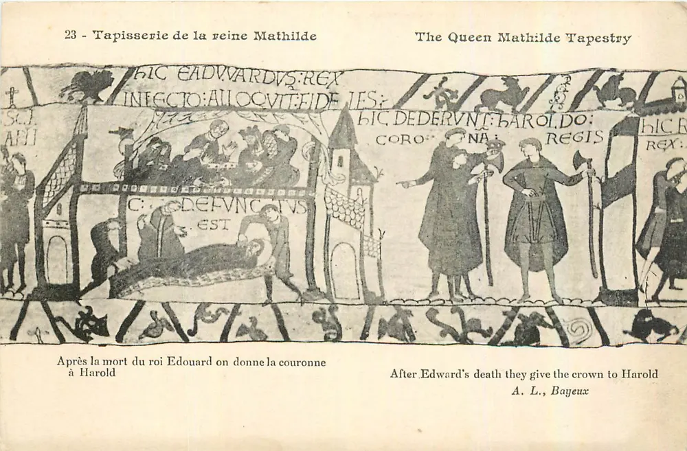 Tapisserie der Königin Mathilde — Szene vom Tod Edwards und Krönung Harolds — A. L., Bayeux - Vorderseite