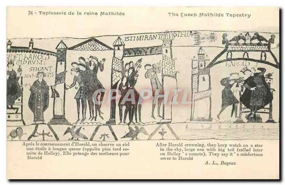 Teppich der Königin Mathilde — Szene der Krönung von Harold und Beobachtung einer Kometen — A. L., Bayeux - Vorderseite