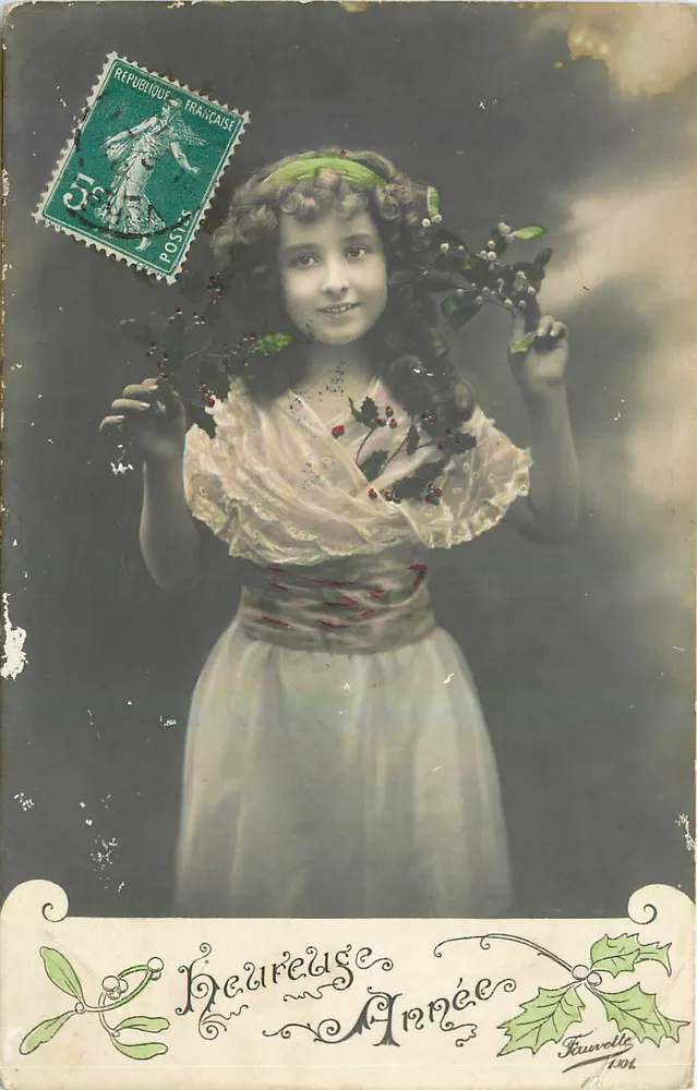 Menina segurando um ramo de visco — 'Bom Ano' — editor Fauvelle, n° 104 - Frente