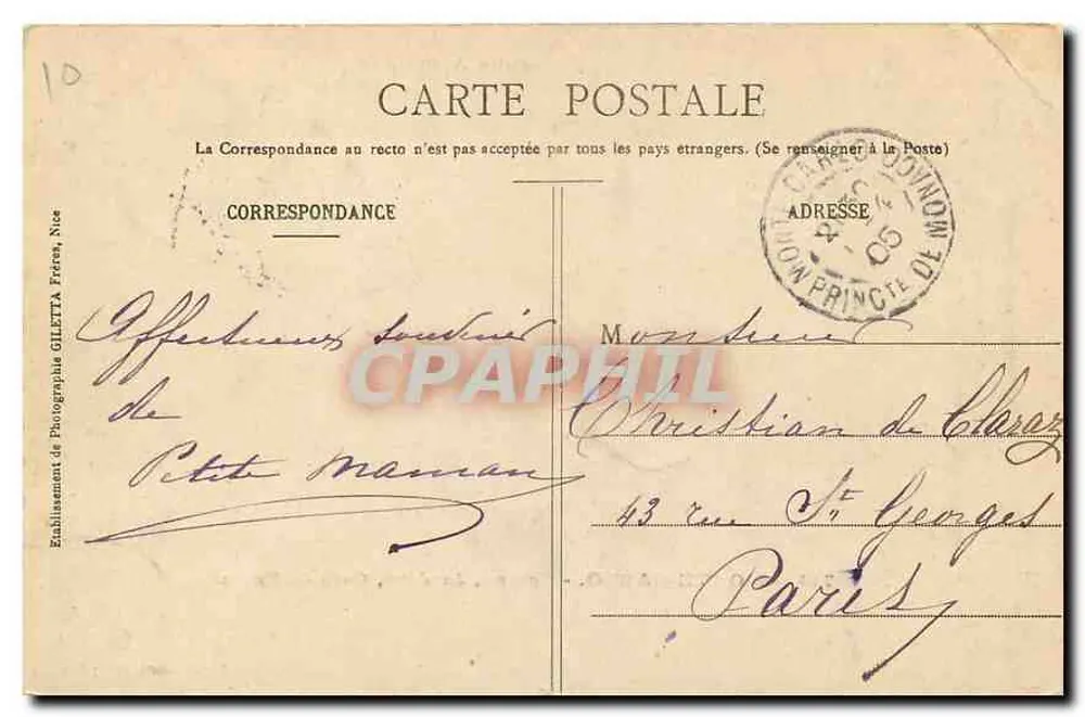 Monte-Carlo — Casino, Jardins, Café de Paris — Collection Artistique, Édition G. Costes, n°714 - Verso