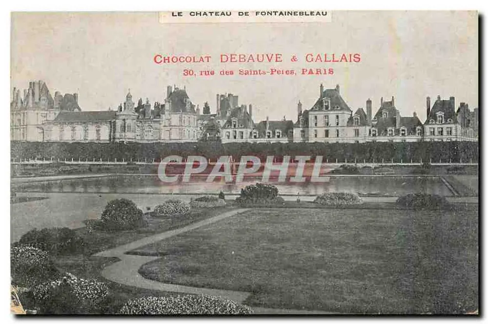 Das Schloss Fontainebleau — Blick auf den Park und das Schloss — Chocolat Debauve & Gallais, 30 rue des Saints-Pères, Paris - Vorderseite