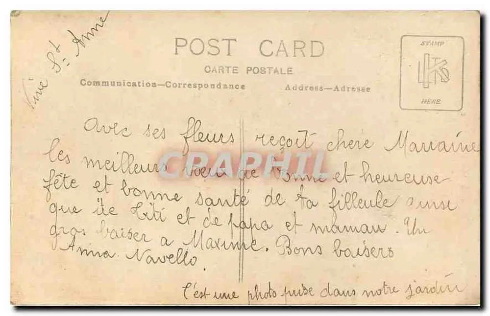 Duas jovens mulheres — jardim florido — carta postal anônima - Verso