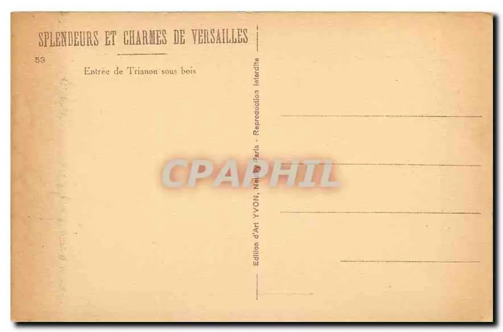 Eingang zu Trianon unter Bäumen — Serie 53 — Art Edition YVON, Paris - Rückseite