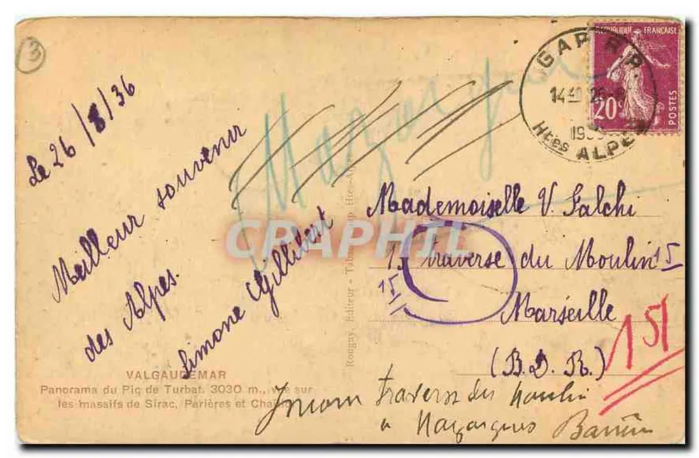 Panorama do Pic de Turbat — 3030 m. — Valgaudemar — editor Rouguy, editor em Gap - Verso
