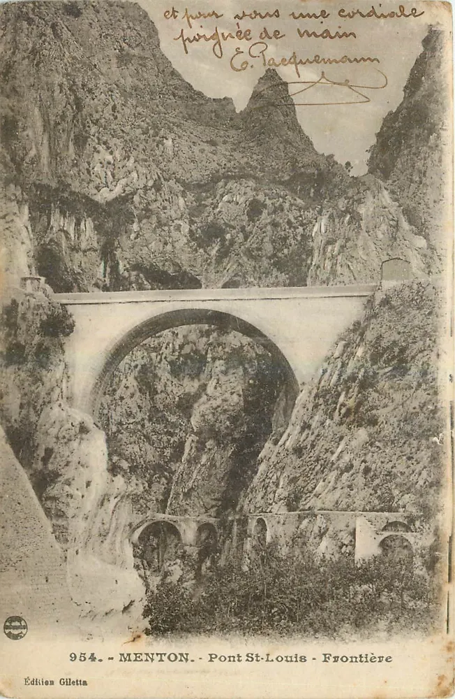 Menton - Most Saint-Louis - Granica — Wydawnictwo Gilletta, nr 954 - Awers