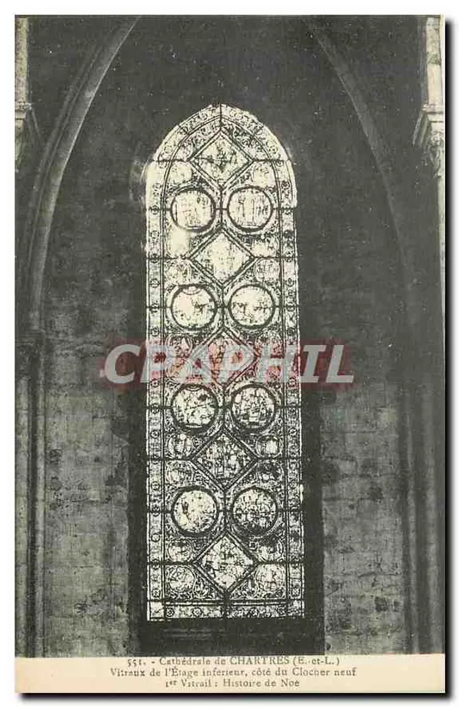 Kathedrale von Chartres (E.-et-L.) — Glasfenster der unteren Ebene, Seite des neuen Glockenturms — 1. Glasfenster: Geschichte Noahs - Vorderseite