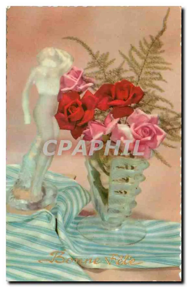 Estátua de mulher nu — rosas vermelhas e rosas — editor Cristais André Godin, Glacée 843 - Frente
