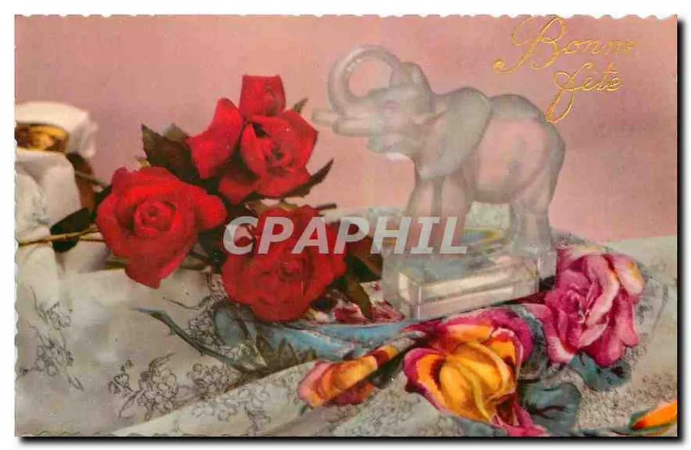 Buquê de rosas e elefante — carta de vœux — Imprimerie André Godin, Gloce 843 - Frente