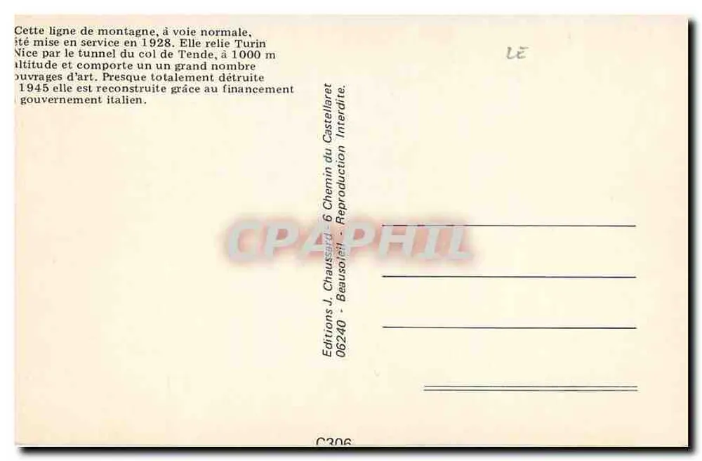 Linea Nice - Coni - Colata del tablier del Ponte di Saorge — Edizioni J. Chaussois & Chemin du Castellaret - Verso