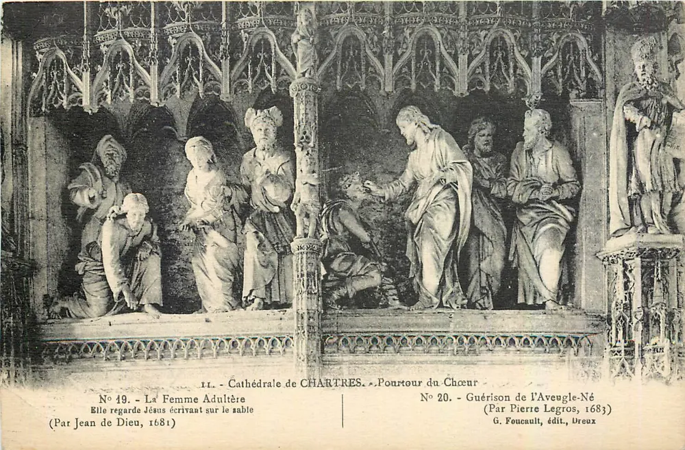 Catedral de Chartres — Dois bas-reliefs: A Mulher Adúltera e Cura do Cego de Nascença — G. Foucault, editor, Dreux - Frente