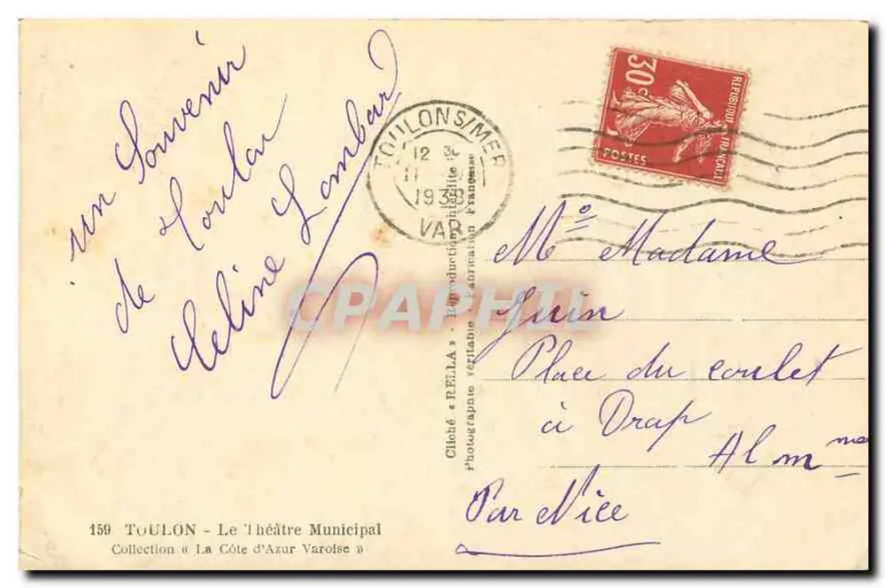 Toulon - Le Théâtre Municipal — éditeur Rella, n° 159 - Verso