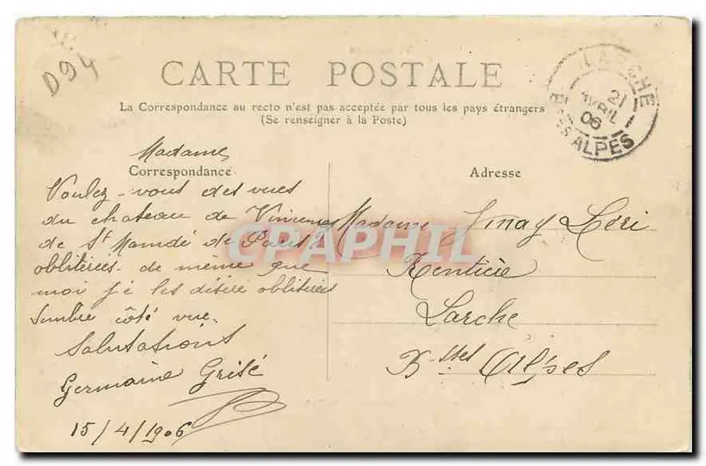 Vincennes — Schloss-Pavillon des Königs, aktuelle Kasernen des 26. Bataillons der Fußjäger und Militärverwaltungsschule — Sammlung F. Fleury - Rückseite