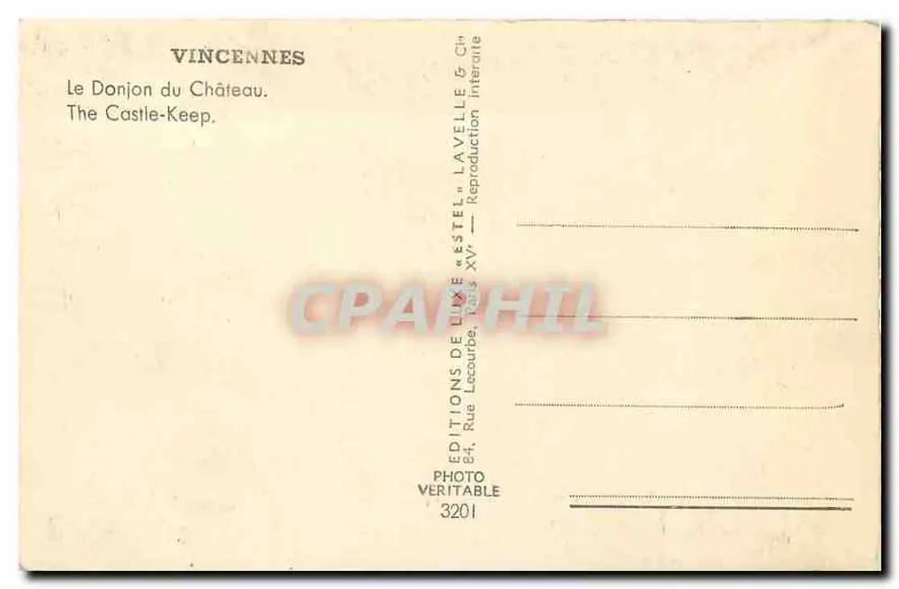 Vincennes — O Donjon do Castelo — Editor Estel - Verso