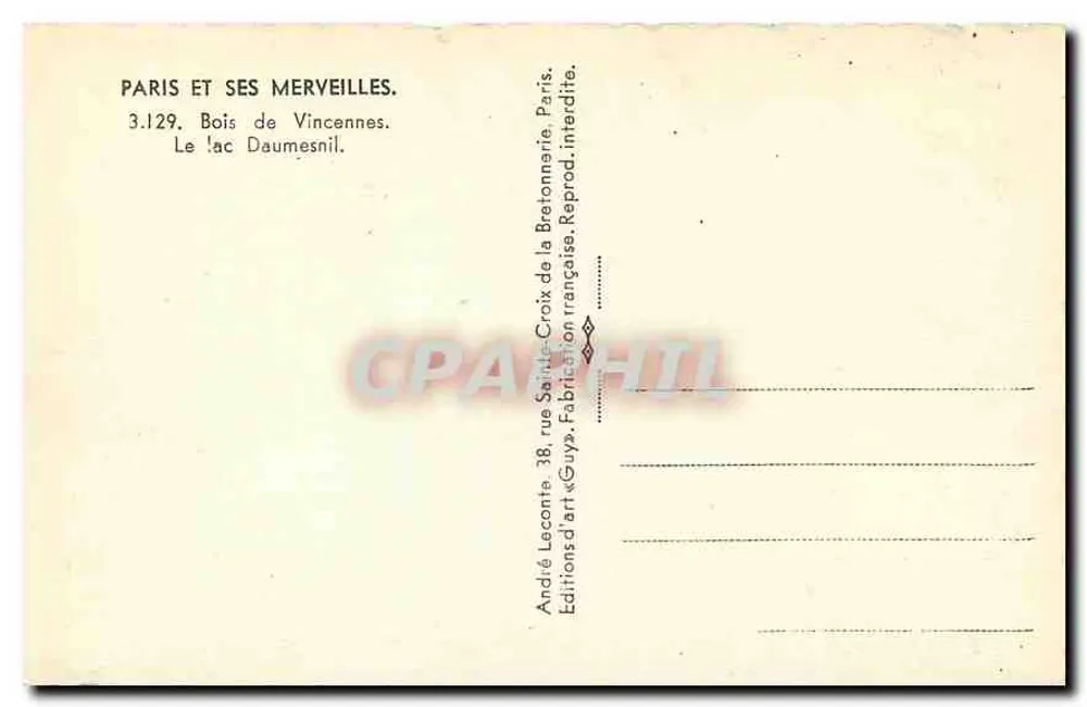 Bois de Vincennes — Lac Daumesnil — Verlag Guy - Rückseite