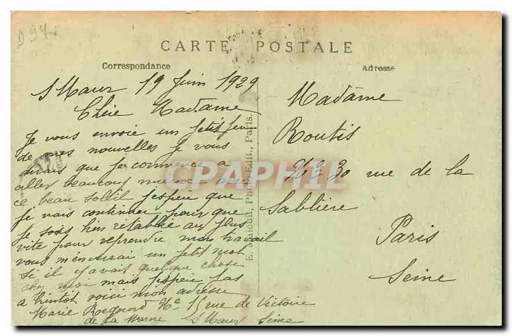 As margens do rio Marne e os Côteaux — E.M. — n°66 - Verso