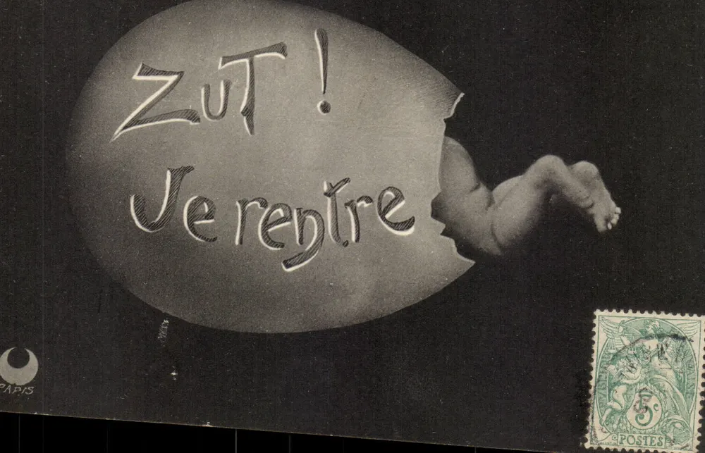 Neugeborenes, das aus einem Ei hervorkommt — Zut! Ich komme zurück — Verlag Paris - Vorderseite