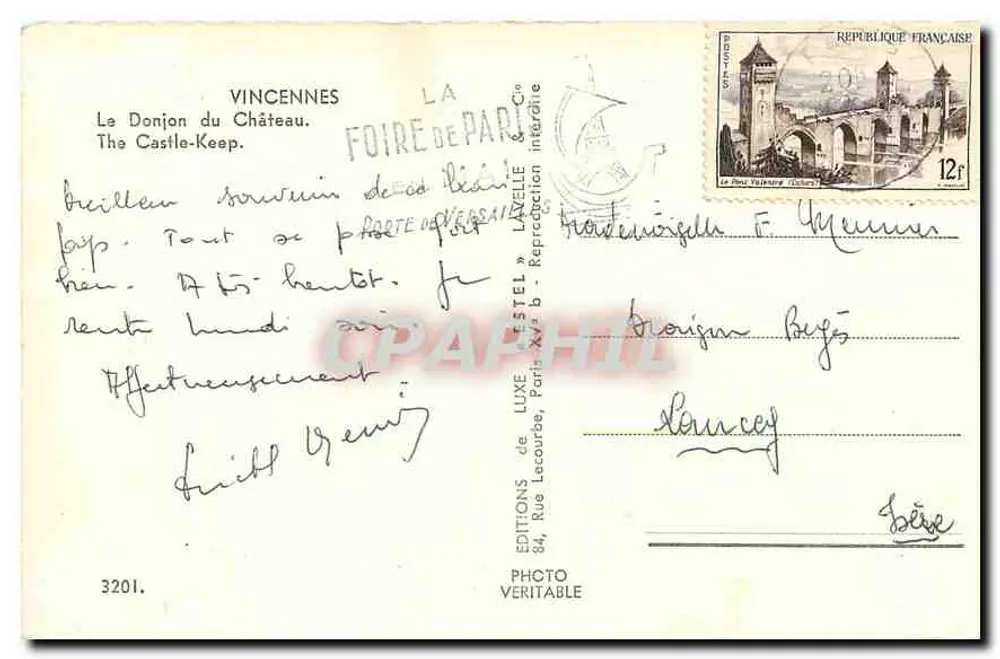 Vincennes — O Donjon do Castelo — Éditions de Luxe, Paris - Verso