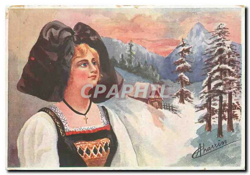 Mulher em traje tradicional — paisagem alpina nevada — Aharrin - Frente