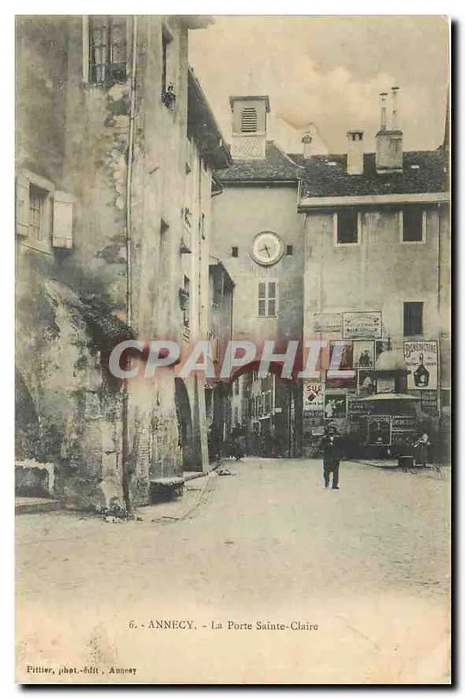 Anney, A Porta Sainte-Claire — vista da rua com relógio e trem — Pittlier, fot.-edit., Annecy, n°6 - Frente