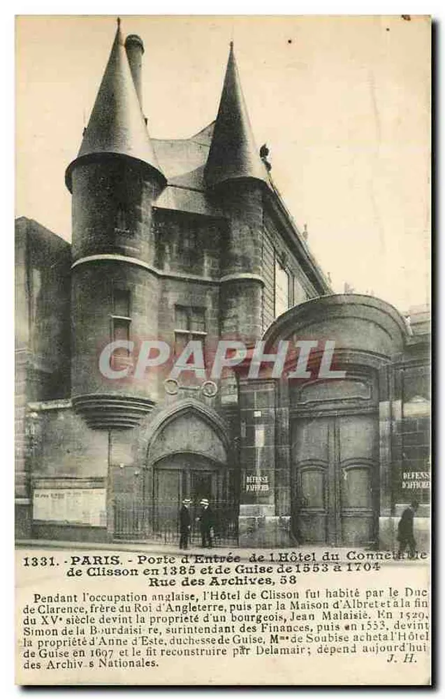Paris - Porte d'entrée de l'Hôtel du Connétable de Clisson, Rue des Archives, 58 — éditeur L. Boussona, n° 1331 - Recto