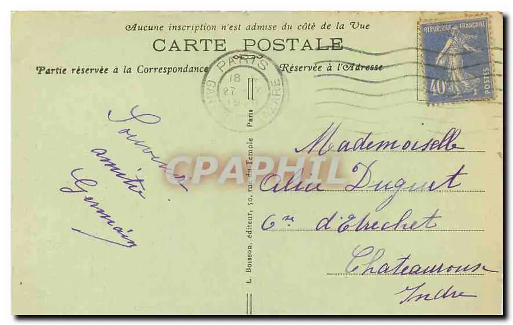 Paris - Porte d'entrée de l'Hôtel du Connétable de Clisson, Rue des Archives, 58 — éditeur L. Boussona, n° 1331 - Verso