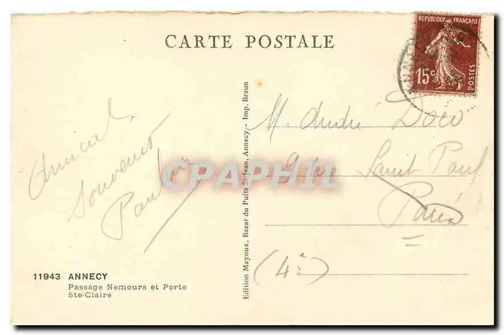 Rue étroite avec porte et horloge — Annecy — Édition Mayoux, Passage Nemours et Porte Ste-Claire - Verso