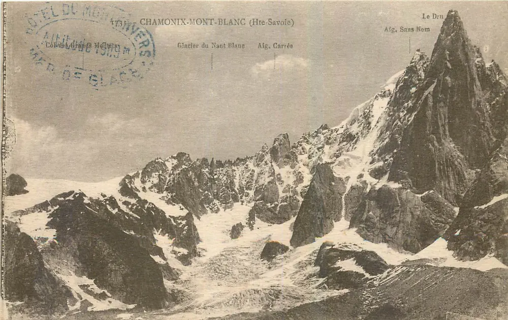 Chamonix-Mont-Blanc — Glacier do Nant Blanc e o Le Dru — Hotel do Montenvers, editor L. Faurez, número de série não visível - Frente