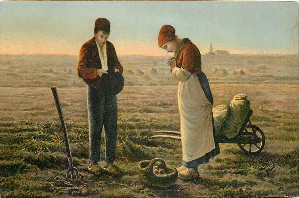 Jovem homem e jovem mulher em um campo — cena de vida rural — editor L'Angelus, série Millet 298901 - Frente