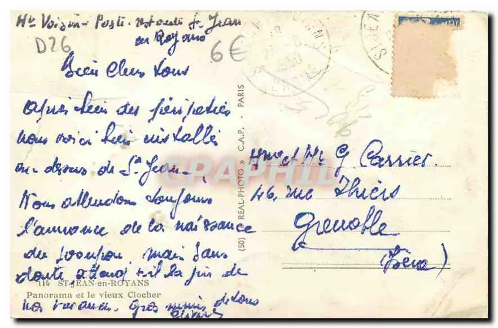 Saint-Jean-en-Royans — Panorama und der alte Turm — C.A.P. « REAL-PHOTO » (50) — Verlag C.A.P. « REAL-PHOTO » - Rückseite