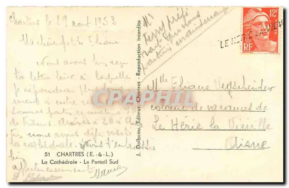 Chartres - The Cathedral - The South Portal — J. Dolbeau, Publisher, no. 51 - Back