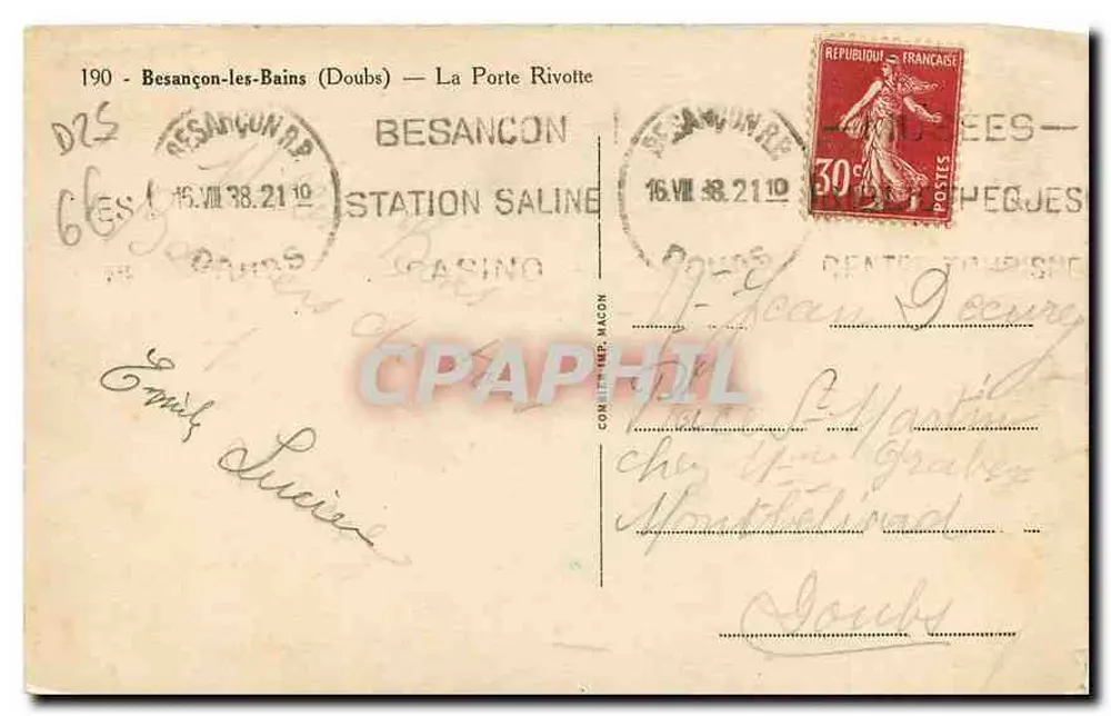 La Porte Rivotte — Besançon (Doubs) — éditeur Cim - Rückseite