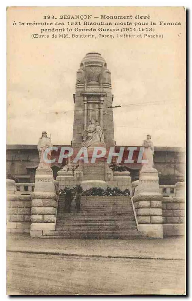 Besançon — Monumento erguido em memória dos 1531 Bisontinos mortos pela França durante a Grande Guerra (1914-1918) — Obra de MM. Bouutterin, Gascq, Laithier e Pasche — Éditions C. L. B. Besançon - Frente