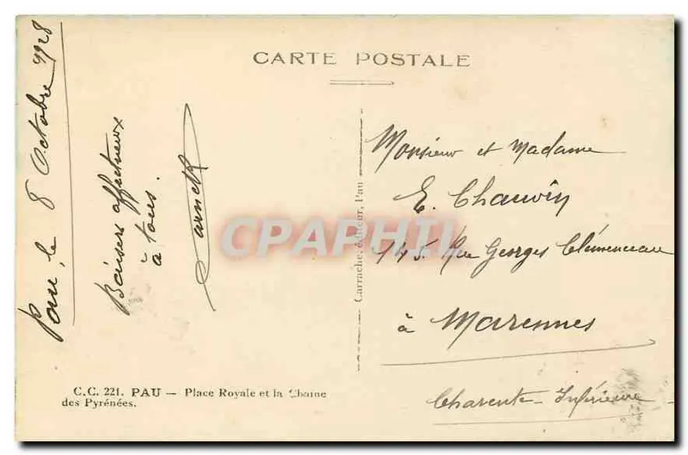Pau — Place Royale et la Chaîne des Pyrénées — Carnache, éditeur, n° 221 - Verso