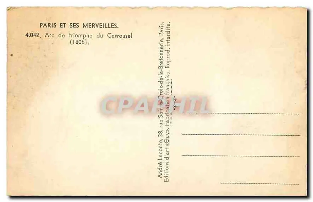 Arc de triomphe du Carrousel — Paris — Éditions d'art «Guy» - Verso