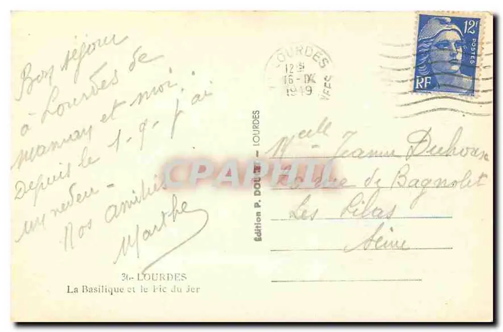 Lourdes — La Basílica y el Fic du Jér — Edición P. DOURDES - Reverso