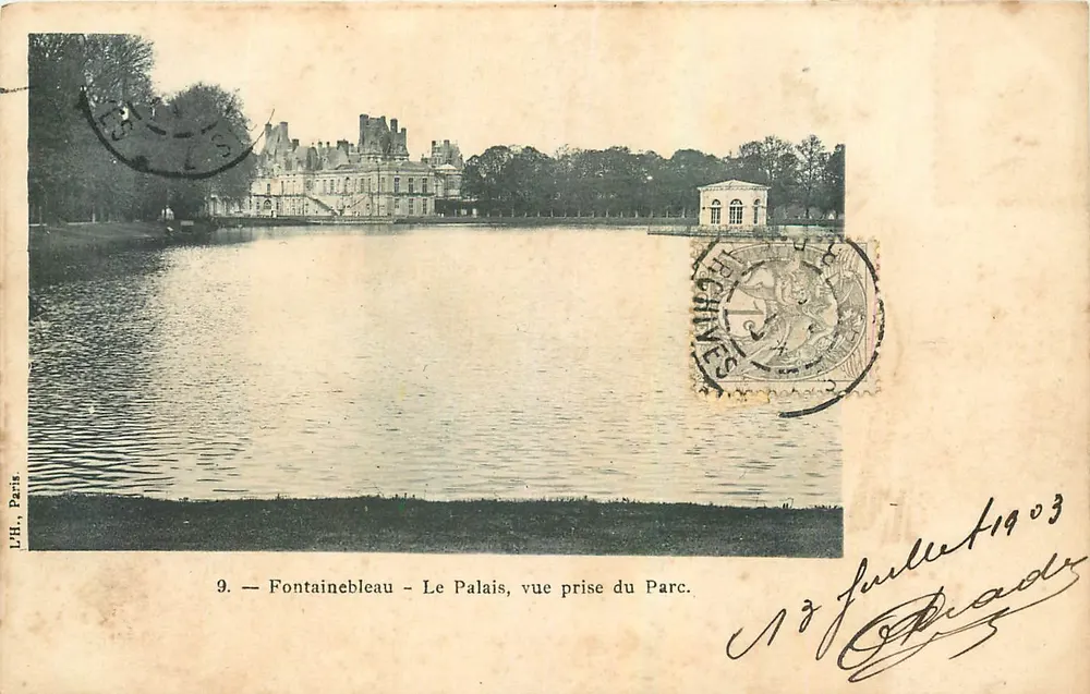 Fontainebleau — Das Schloss, Ansicht vom Park — L.H., Paris, n°9 - Vorderseite